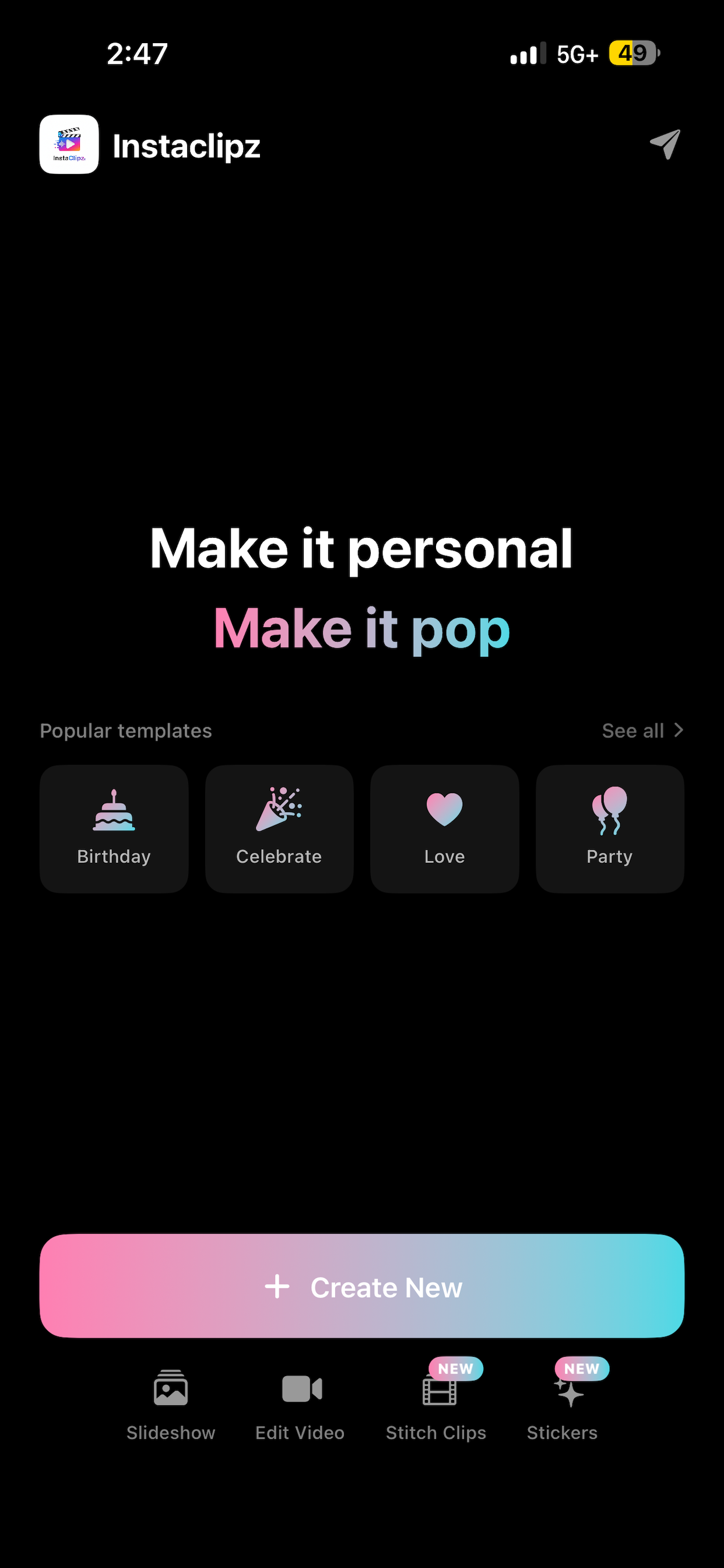 InstaClipz home screen with creation tools